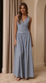 Blue Check Ruched V-Neck V-Back A-Line Maxi Dress