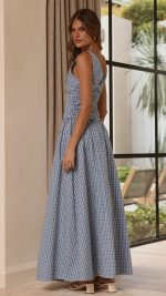 Blue Check Ruched V-Neck V-Back A-Line Maxi Dress