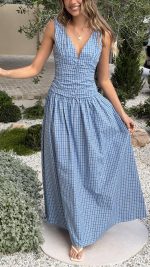 Blue Check Ruched V-Neck V-Back A-Line Maxi Dress