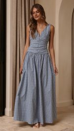Blue Check Ruched V-Neck V-Back A-Line Maxi Dress