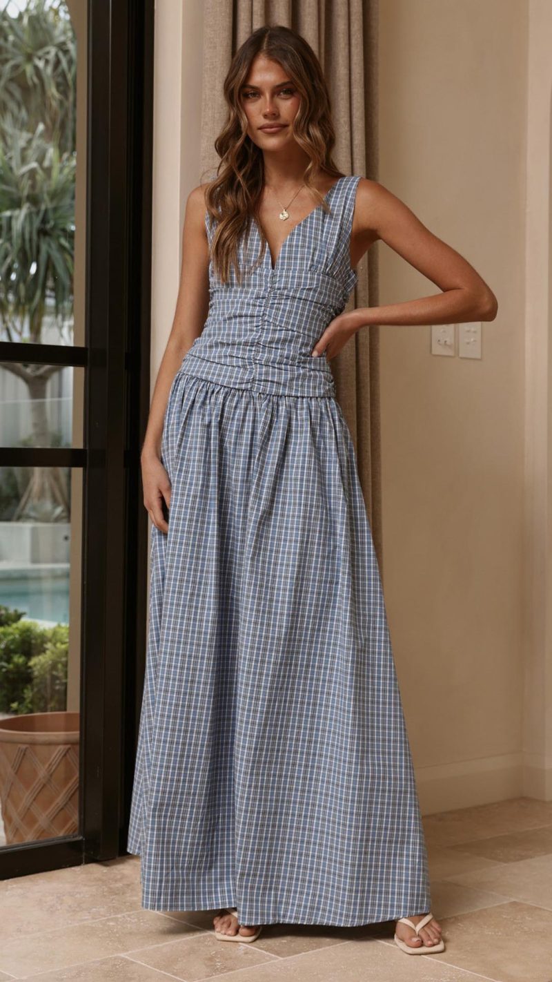 Blue Check Ruched V-Neck V-Back A-Line Maxi Dress