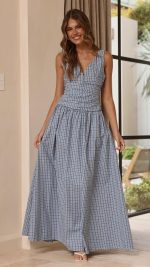 Blue Check Ruched V-Neck V-Back A-Line Maxi Dress