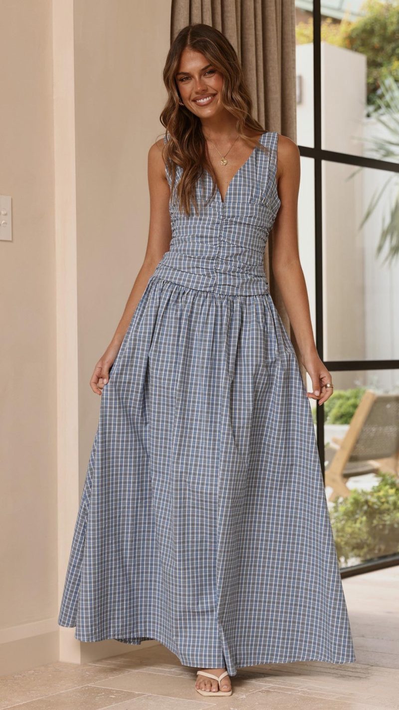 Blue Check Ruched V-Neck V-Back A-Line Maxi Dress