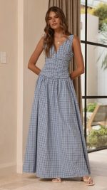 Blue Check Ruched V-Neck V-Back A-Line Maxi Dress