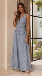Blue Check Ruched V-Neck V-Back A-Line Maxi Dress