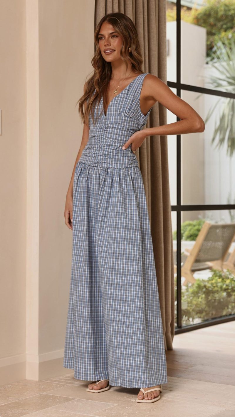 Blue Check Ruched V-Neck V-Back A-Line Maxi Dress