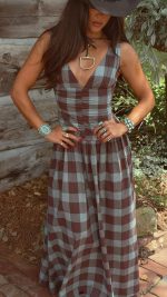 Chocolate Check Ruched V-Neck V-Back A-Line Maxi Dress