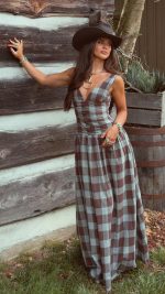 Chocolate Check Ruched V-Neck V-Back A-Line Maxi Dress