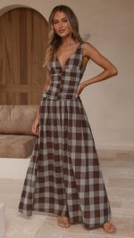 Chocolate Check Ruched V-Neck V-Back A-Line Maxi Dress