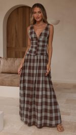 Chocolate Check Ruched V-Neck V-Back A-Line Maxi Dress