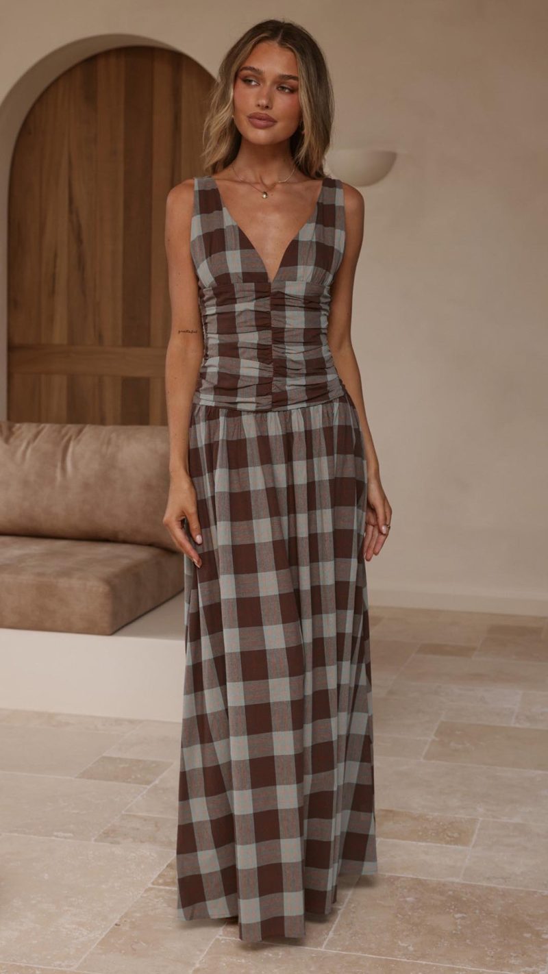 Chocolate Check Ruched V-Neck V-Back A-Line Maxi Dress
