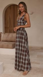 Chocolate Check Ruched V-Neck V-Back A-Line Maxi Dress