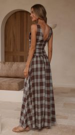 Chocolate Check Ruched V-Neck V-Back A-Line Maxi Dress