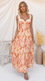 Brown/Orange Sweetheart Bustier Tie-Strap Maxi Dress