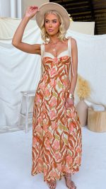Brown/Orange Sweetheart Bustier Tie-Strap Maxi Dress
