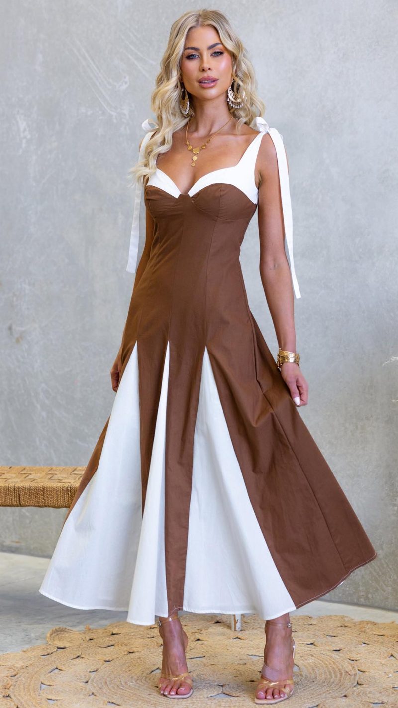 Chocolate Sweetheart Bustier Tie-Strap Maxi Dress