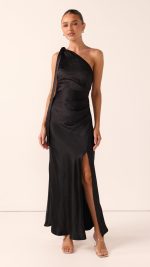 Black Shoulder-Tie Back-Cutout Slit Maxi Dress