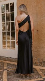 Black Shoulder-Tie Back-Cutout Slit Maxi Dress