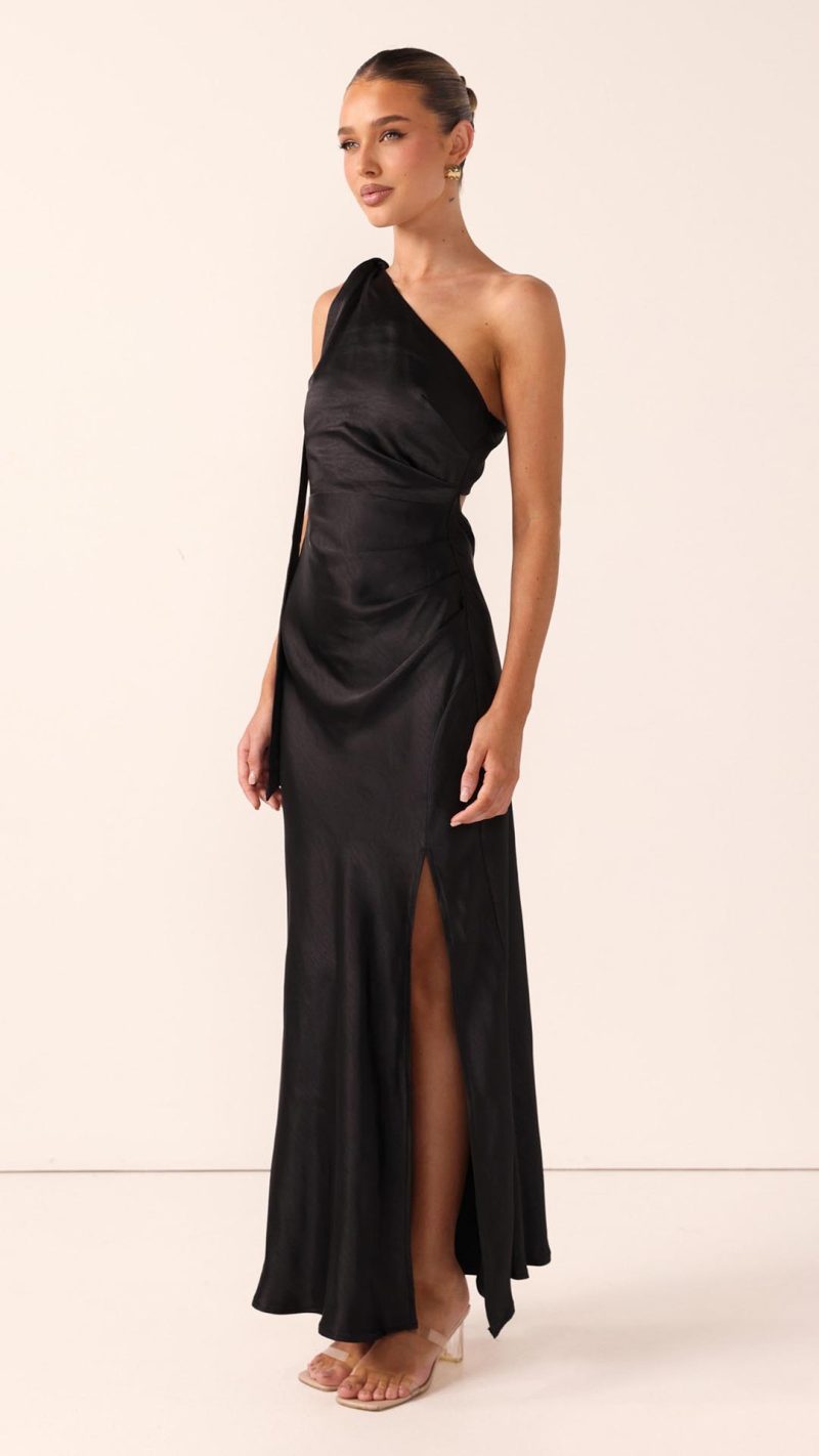 Black Shoulder-Tie Back-Cutout Slit Maxi Dress