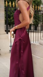 BURGUNDY Open-Back One-Shoulder Satin Maxi Dress