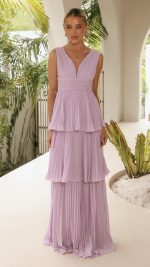 Lilac Tiered Ruched V-Neck Maxi Dress