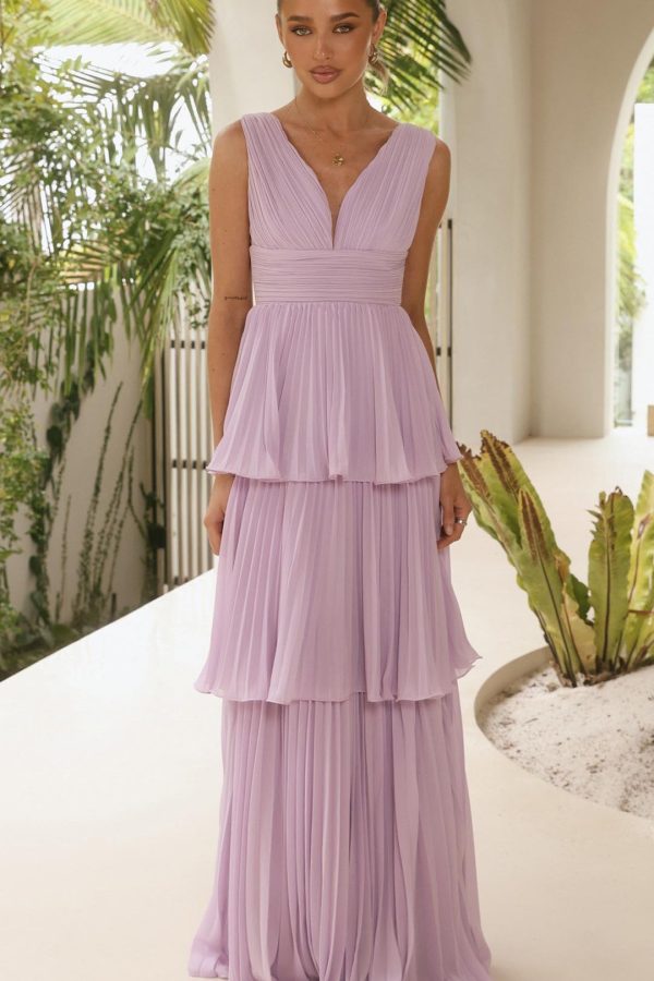 Lilac Tiered Ruched V-Neck Maxi Dress