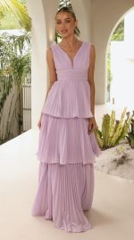 Lilac Tiered Ruched V-Neck Maxi Dress