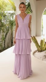 Lilac Tiered Ruched V-Neck Maxi Dress