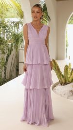 Lilac Tiered Ruched V-Neck Maxi Dress