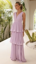Lilac Tiered Ruched V-Neck Maxi Dress