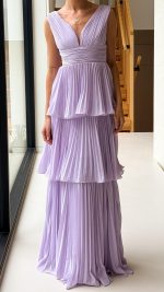 Lilac Tiered Ruched V-Neck Maxi Dress