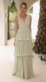 Sage Tiered Ruched V-Neck Maxi Dress