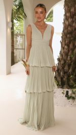 Sage Tiered Ruched V-Neck Maxi Dress
