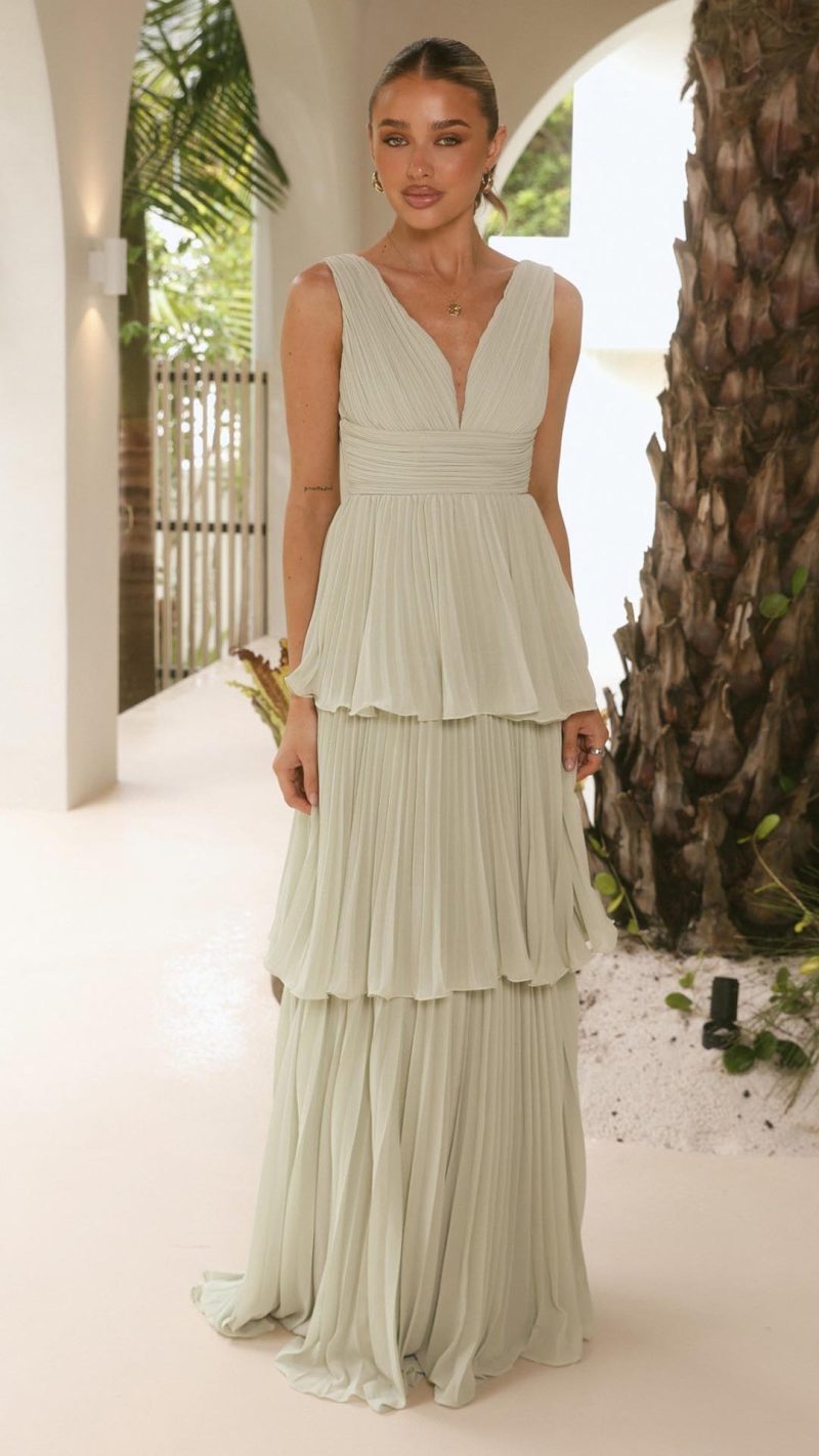 Sage Tiered Ruched V-Neck Maxi Dress