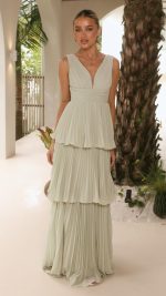 Sage Tiered Ruched V-Neck Maxi Dress