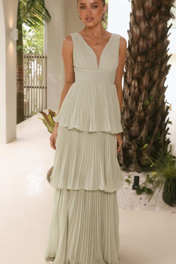 Sage Tiered Ruched V-Neck Maxi Dress