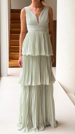 Sage Tiered Ruched V-Neck Maxi Dress