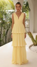 Yellow Tiered Ruched V-Neck Maxi Dress