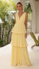 Yellow Tiered Ruched V-Neck Maxi Dress