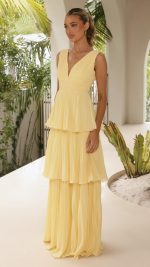 Yellow Tiered Ruched V-Neck Maxi Dress