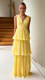 Yellow Tiered Ruched V-Neck Maxi Dress
