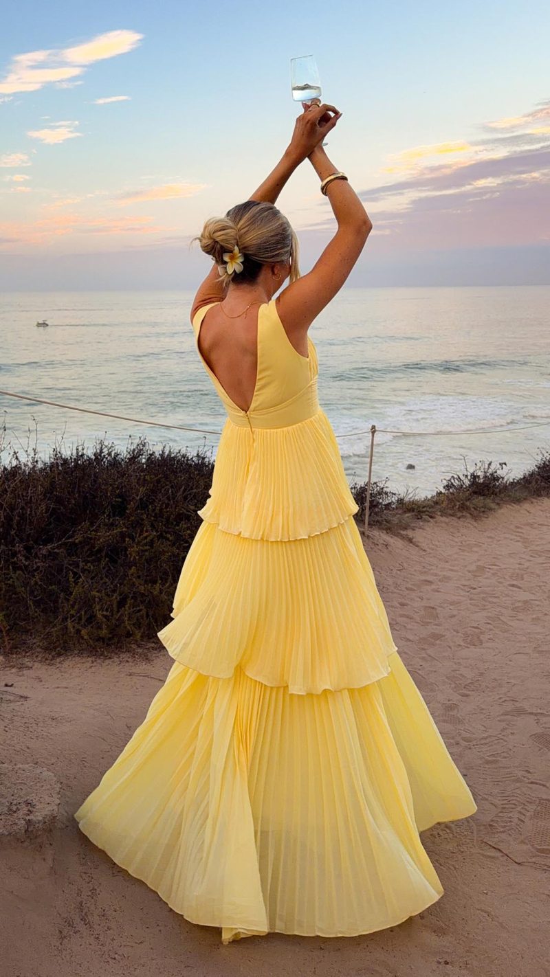 Yellow Tiered Ruched V-Neck Maxi Dress