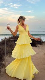 Yellow Tiered Ruched V-Neck Maxi Dress