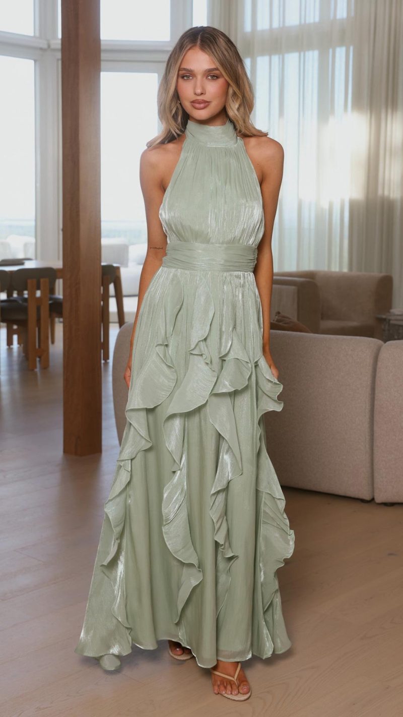 Sage Ruffled Open-Back Wrapped-Waist Maxi Dress