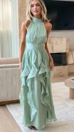 Sage Ruffled Open-Back Wrapped-Waist Maxi Dress