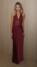 Wine Lace-Panel V-Neck Halter Maxi Dress