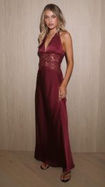 Wine Lace-Panel V-Neck Halter Maxi Dress