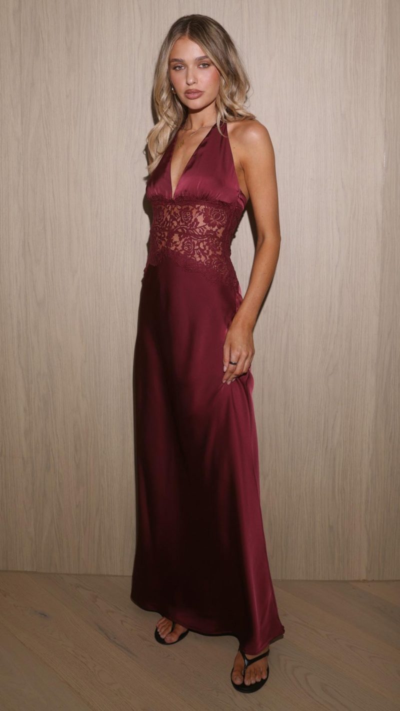 Wine Lace-Panel V-Neck Halter Maxi Dress
