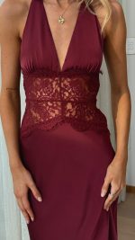 Wine Lace-Panel V-Neck Halter Maxi Dress