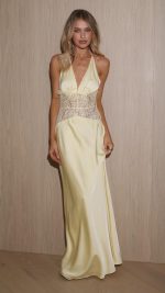 Yellow Lace-Panel V-Neck Halter Maxi Dress